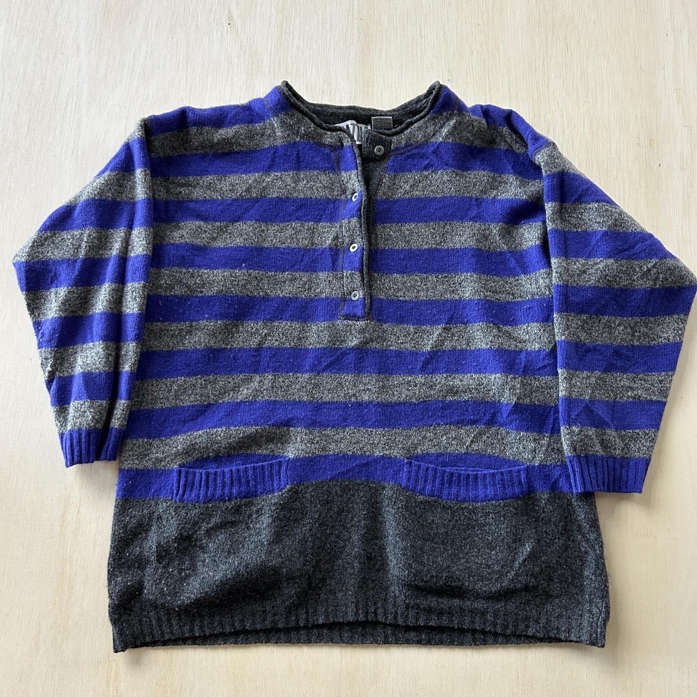 Vintage Tarazzia Sweater Womens Large Blue Gray Striped Knit Henley Lambs Wool